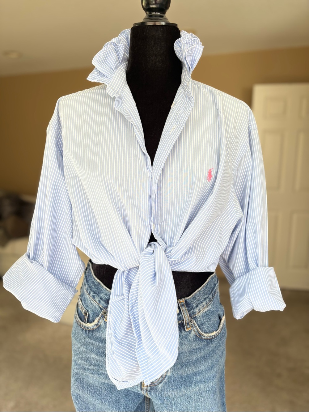 Reworked Ralph Lauren Light Blue & White Striped Ruffle Collar Shirt Size M
